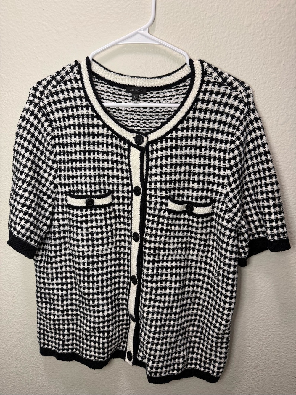 Talbots Black and White Houndstooth Short-Sleeve Cardigan